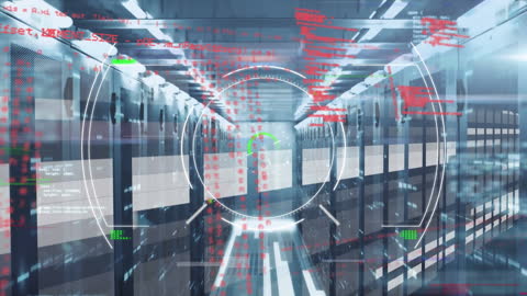 Futuristic Digital Interface Overlaying High-Tech Server Room