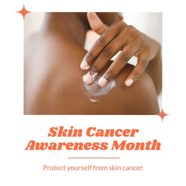 African American woman is applying body lotion, highlighting the importance of skin cancer awareness and prevention. Suitable for use in awareness campaigns, informational blogs on skin health, and promotional material for healthcare organizations.