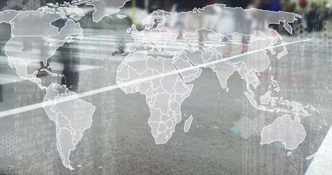 Global Connectivity Concept with Blurred Pedestrians and World Map Overlay