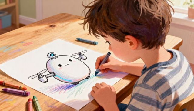 Boy coloring smiling robot drawing with crayons at sunlit wooden table, creative play