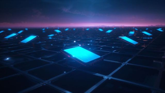 Futuristic Tablets Hovering Over Tech Grid at Dusk