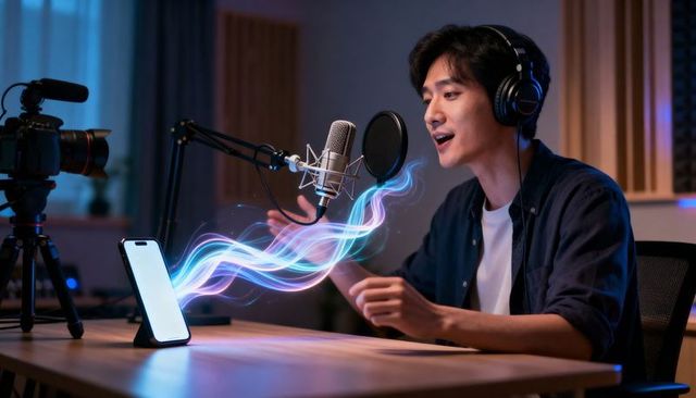 Asian creator recording podcast with neon voice waveform and professional microphone