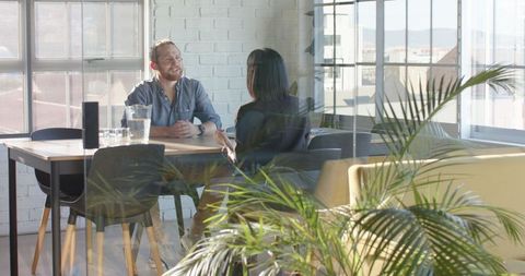 Business discussion in modern office with natural light and urban view