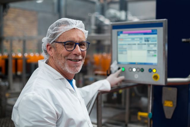 Senior factory engineer smiling while operating a machine in a beverage production plant. Wearing safety gear and lab coat, ensuring quality control and efficient production. Ideal for use in articles about industrial manufacturing, factory operations, and technology in production plants.