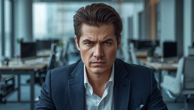 Tense executive sitting in modern open-plan office staring forward with intense gaze