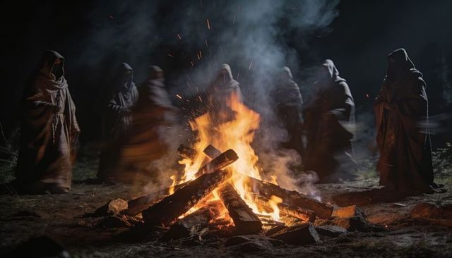 Hooded figures circling blazing bonfire in forest clearing, ritual silhouettes and embers