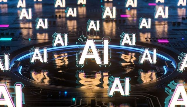 Glowing ai glyph creating ripples on liquid pool over futuristic circuit board