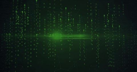 Streaming Green Binary Code Across Dark Digital Network With Central Neon Flare