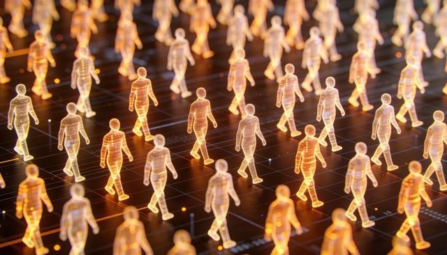 Glowing Holographic Avatars Walking on Digital Grid Representing AI Crowd and Data Networks