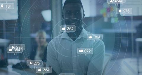 African american businessman with social media engagement concept overlay