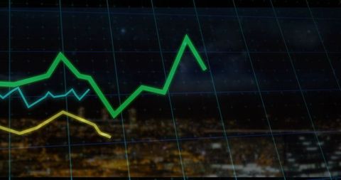 Dynamic data visualization with neon line graphs against cityscape