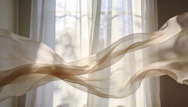 Billowing translucent beige voile drapery creating ribbon-like flow at sunlit window