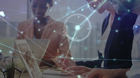 Diverse Colleagues Collaborate with Digital Connections Overlay in Office