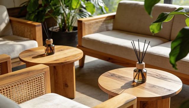 Sunlit wooden side tables with reed diffusers and cane armchairs in cozy green lounge