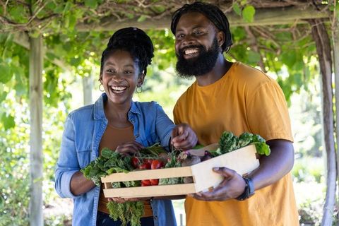 Smiling couple holding wooden crate of fresh vegetables under lush garden arbor