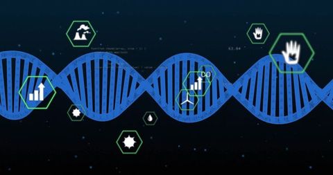 Futuristic DNA Helix with Green Biotechnology Icons