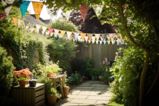 Scene displays a charming backyard garden adorned with colorful bunting, creating a festive atmosphere. Lush greenery and flowering plants in bloom, along with patio furniture, suggest a setting perfect for summer gatherings, garden parties, and outdoor events. The use of this can range from promoting outdoor event planning services, as an illustration for garden maintenance businesses, or as an inspirational image for home and wellness blogs disscusing outdoor decor.