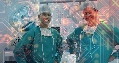 Smiling surgeons collaborating in operating room with neon circuit technology overlay