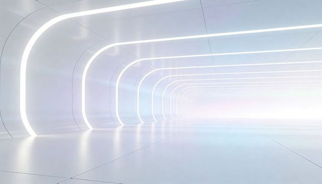 Futuristic LED Arch Corridor Receding into Soft Gradient Light with Minimal Glossy Floor