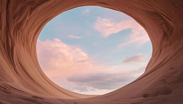 Circular sandstone aperture framing pastel sky over desert alcove with layered erosion