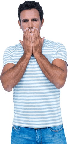 shocked man covering mouth in striped shirt on transparent background - Download Free Stock Videos Pikwizard.com