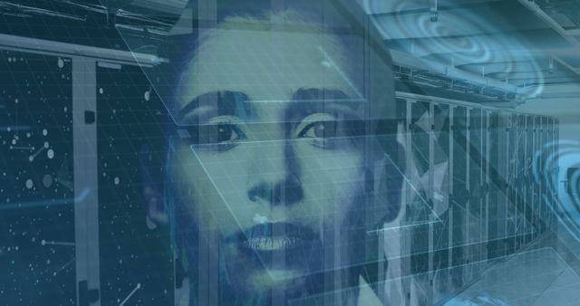 Image of scopes scanning and data processing over woman's face and computer servers. global connections, technology and digital interface concept digitally generated image.