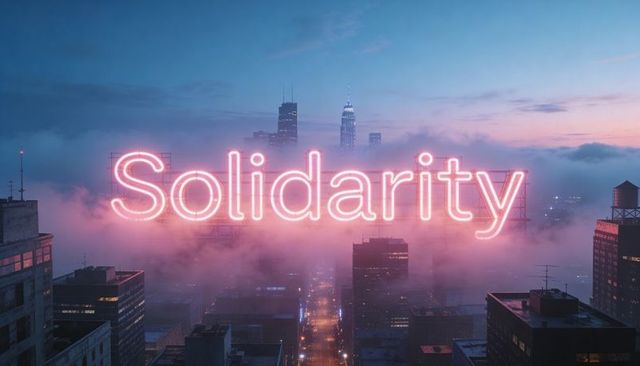 Neon solidarity sign glowing above foggy downtown skyline at dusk, cinematic urban unity