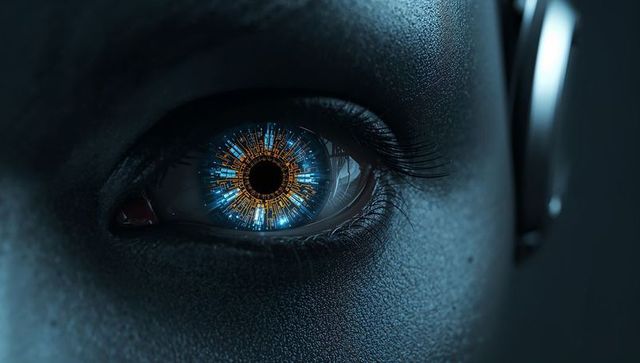 Close-up Cybernetic Eye with Glowing Blue-Orange Circuitry on Futuristic Humanoid
