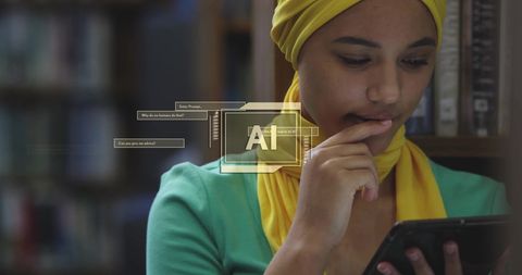 Biracial Female Student Using Tablet with AI Interface Overlay - Download Free Stock Images Pikwizard.com