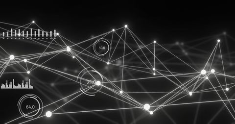 Futuristic network with glowing nodes and digital displays