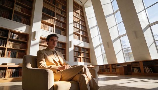 Man wearing tailored tan suit sitting in sunlit modern library with tall bookshelves
