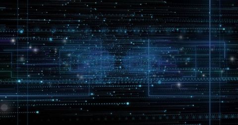 Dual Neon Data Streams Crossing Cyber Grid with Glowing Nodes and Binary Particles
