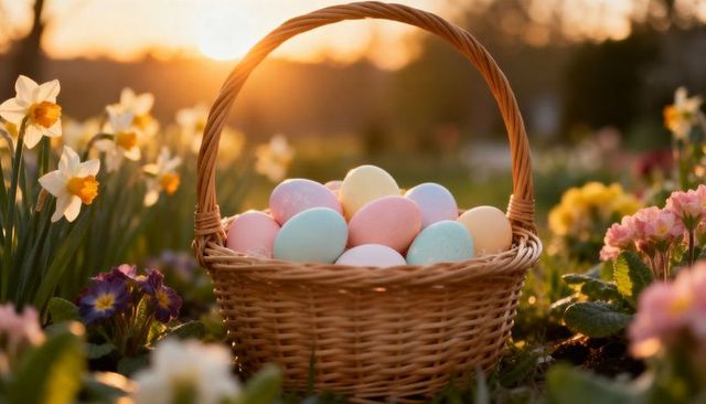 Wicker basket holding pastel easter eggs in backlit spring garden at golden hour
