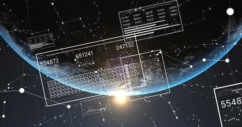Orbiting earth with futuristic hud data overlay and global network visualization