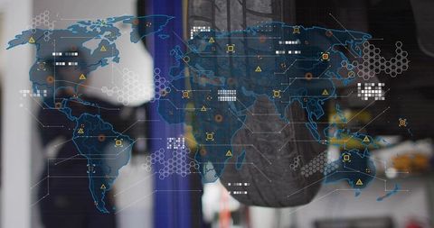 Global network overlay showing world map with hex grid nodes over office professional