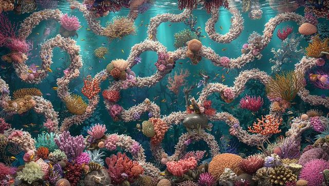 Spiral coral garden with tubular arches, vibrant tropical reef fish and lush biodiversity