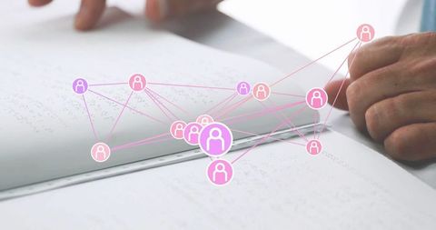 Hands reading braille with digital accessibility network overlay, tactile learning concept