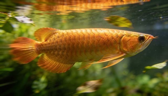 Golden arowana gliding along aquarium glass with iridescent scales and water reflection
