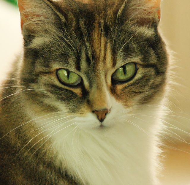 Close up of tabby and white cat with green eyes looking at camera, with blurred background. Domestic pet cat portrait.