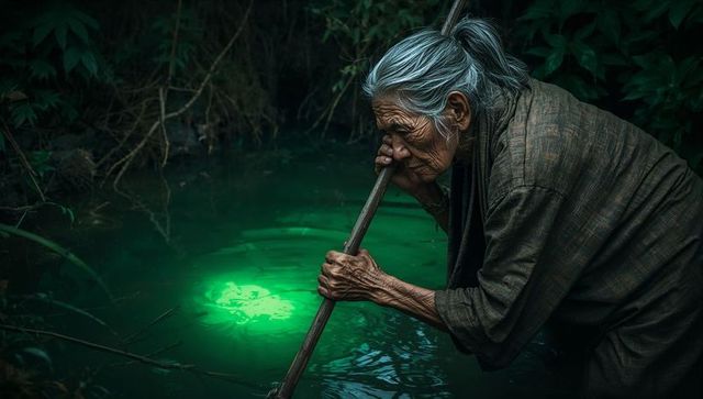 Elderly asian woman leaning over pond probing luminescent green water with wooden pole
