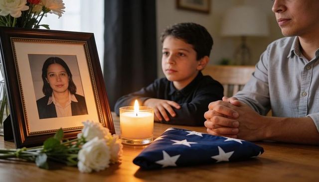 Father and son remembering fallen loved one at home memorial with folded us flag