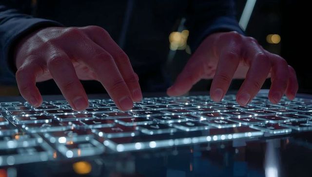 Hands typing on led-lit transparent glass keyboard, futuristic backlit reflections and bokeh