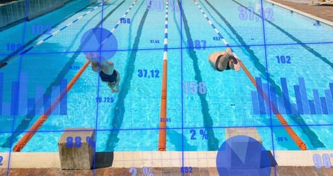 Competitive swimmers pushing off pool edge with analytics overlay showing performance data
