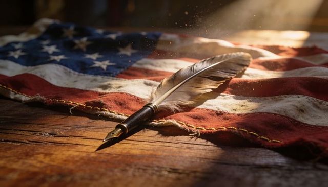 Quill pen resting on worn american flag with sunlit dust motes on rustic wooden table