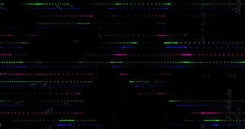 Pulsing neon glitch grid with multicolored scanlines and scattered pixel blocks