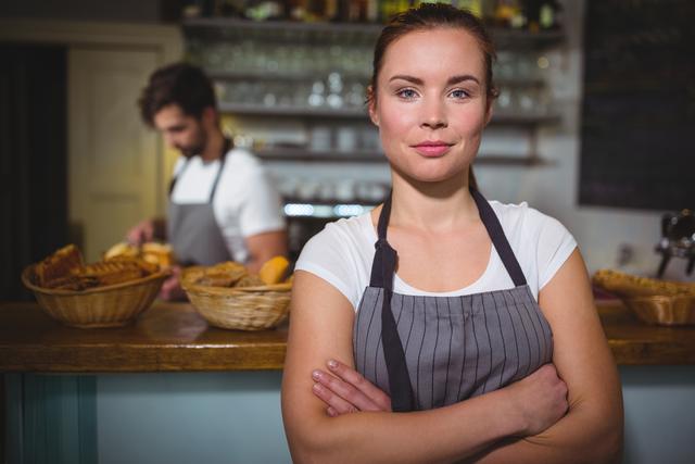 Portrait of waitress standing with arms crossed in cafÃ©