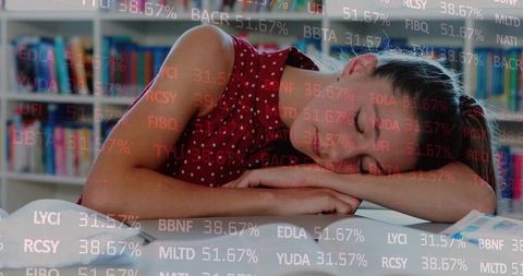 Resting student in red polka-dot dress leaning on arms with stock ticker overlay