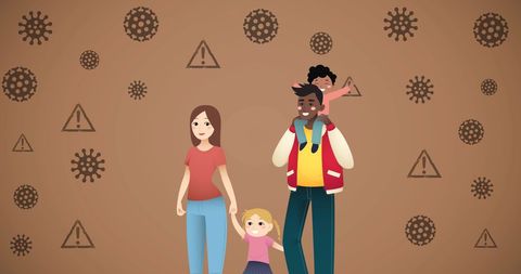 Happy family amidst covid symbols illustration