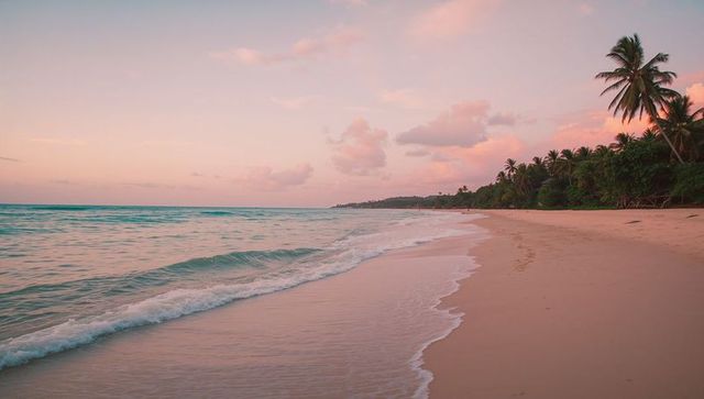Tranquil tropical beach at sunset with palm trees and pink sky