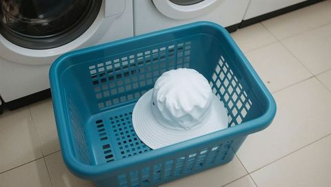Blue basket with white bucket hat in laundry room